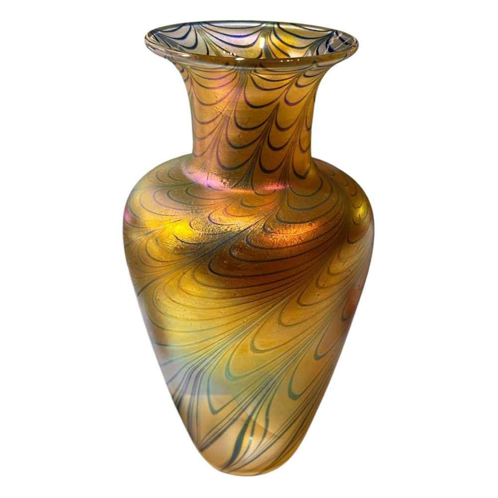 Robert Held Hand Blown Iridescent 10.5” Favrille Pulled Feather Art Glass Vase